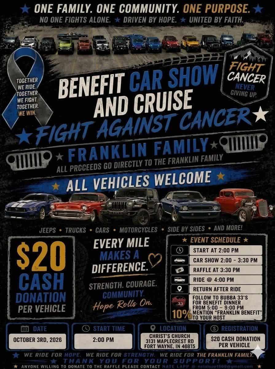 Franklin Family Benefit Car Show and Cruise event at Christ's Church in Fort Wayne, IN on October 3, 2026
