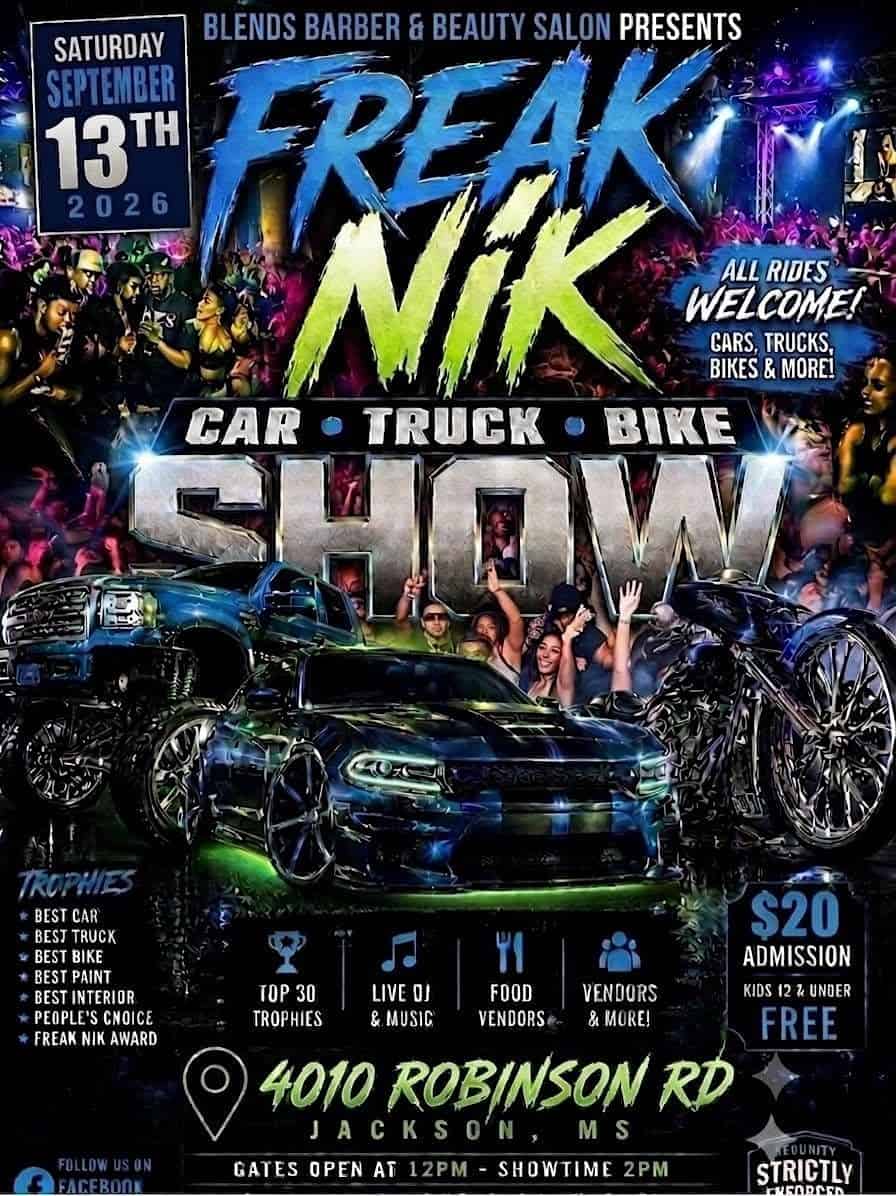 Freak Nik Car, Truck & Bike Show event at 4010 Robinson Road in Jackson, MS on September 13, 2026