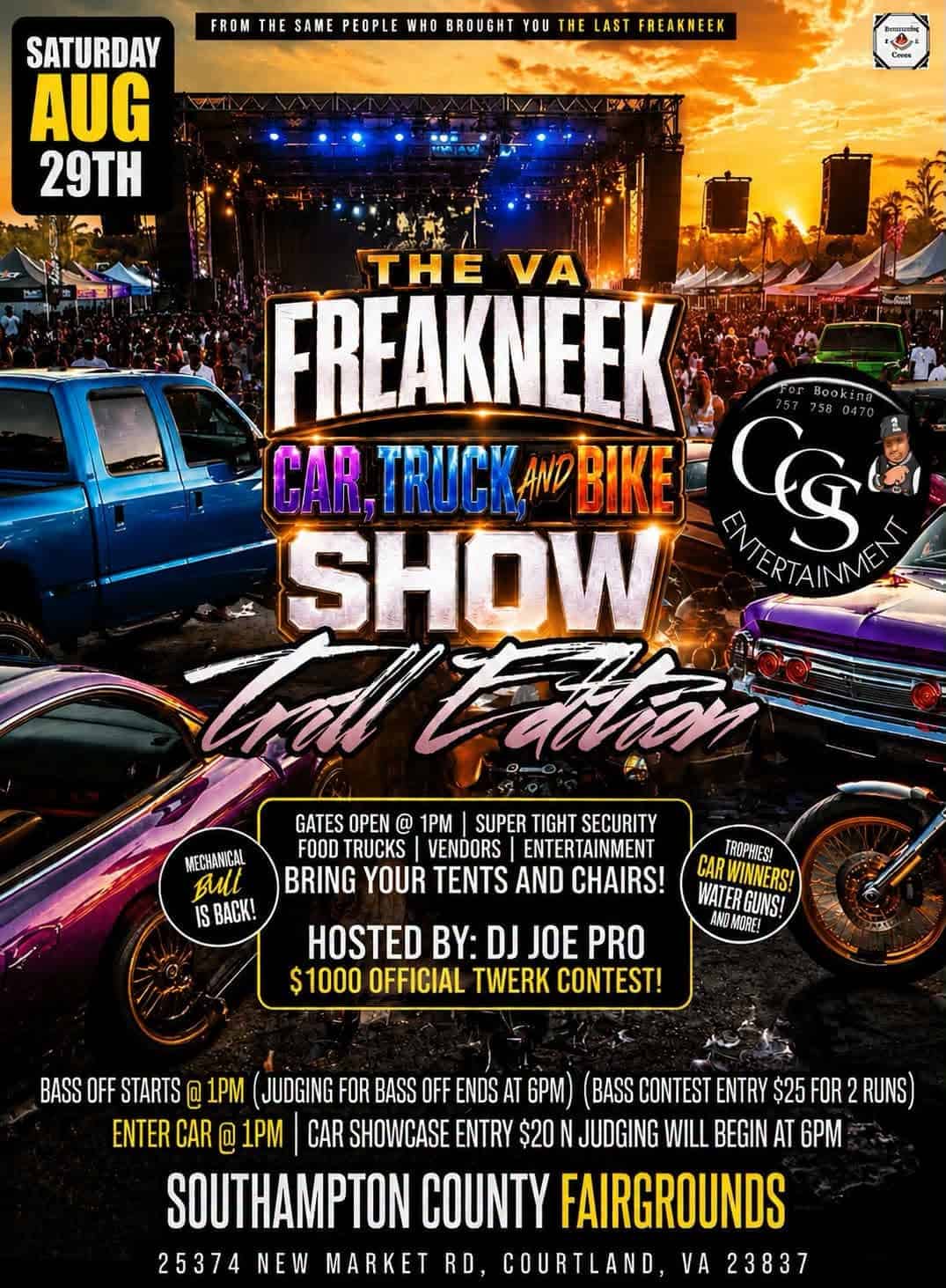 Freakneek Cold Edition Car, Truck, and Bike Show event at Southampton County Fairgrounds in Courtland, VA on August 29, 2026
