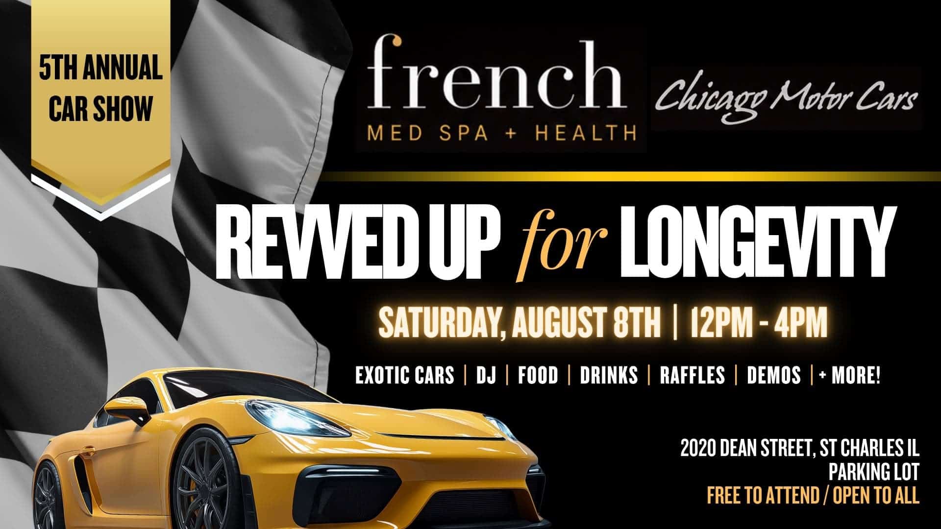 French Med Spa + Health 5th Annual Car Show event at 2020 Dean Street in St. Charles, IL on August 8, 2026