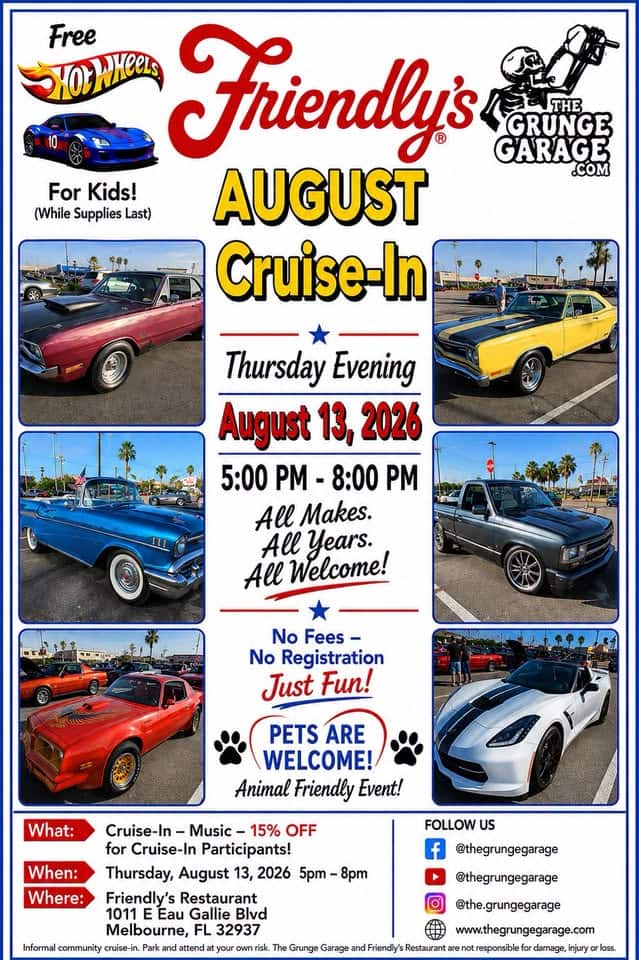 Friendly's August Cruise-In event at Friendly's Restaurant in Melbourne, FL on August 13, 2026
