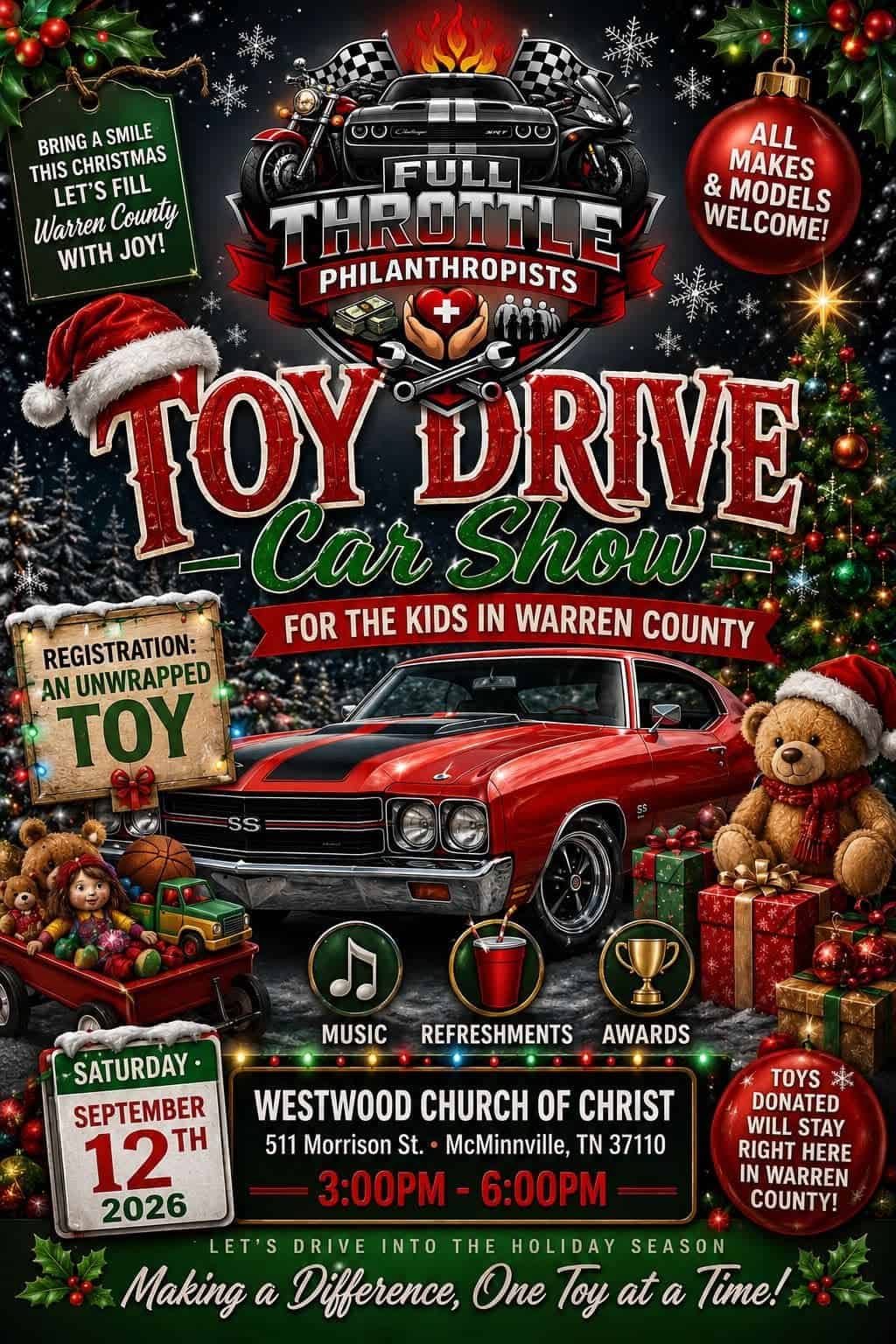 Full Throttle Philanthropists Toy Drive Car Show event at Westwood Church of Christ in McMinnville, TN on September 12, 2026
