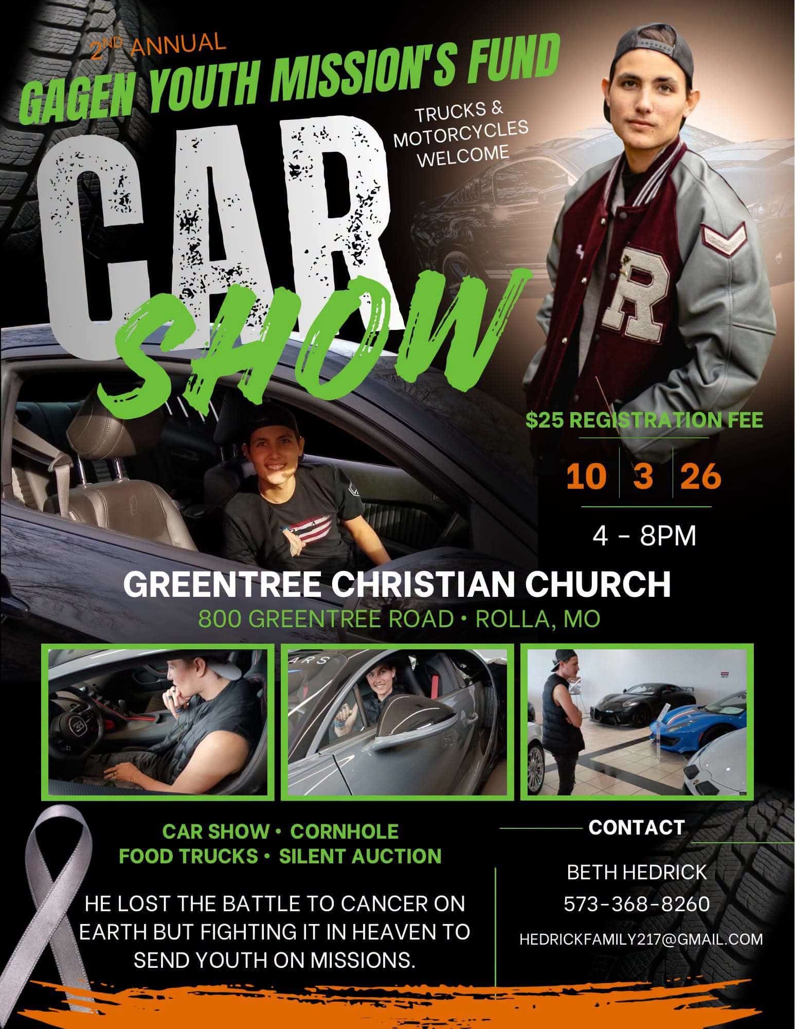 Gagen Youth Mission's Fund Car Show event at Greentree Christian Church in Rolla, MO on October 3, 2026