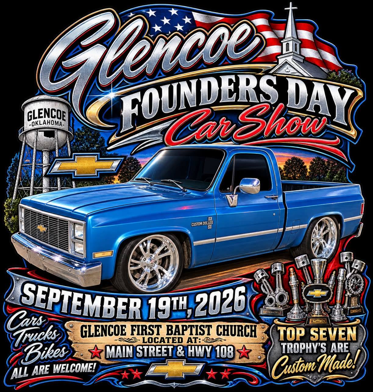 Glencoe Founders Day Car Show event at Glencoe First Baptist Church in Glencoe, OK on September 19, 2026