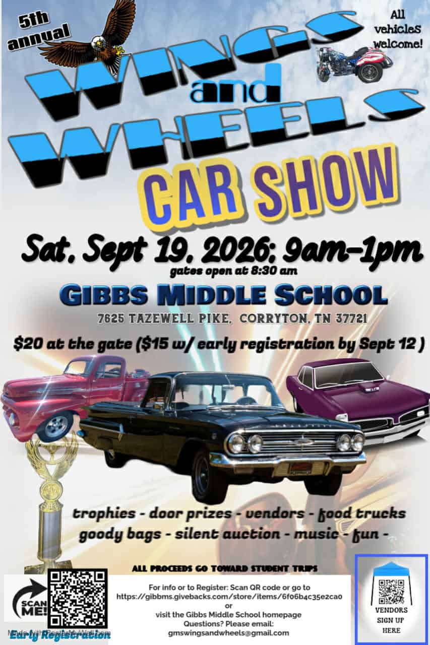 GMS Wings and Wheels Car and Vendor Show event at Gibbs Middle School in Corryton, TN on September 19, 2026