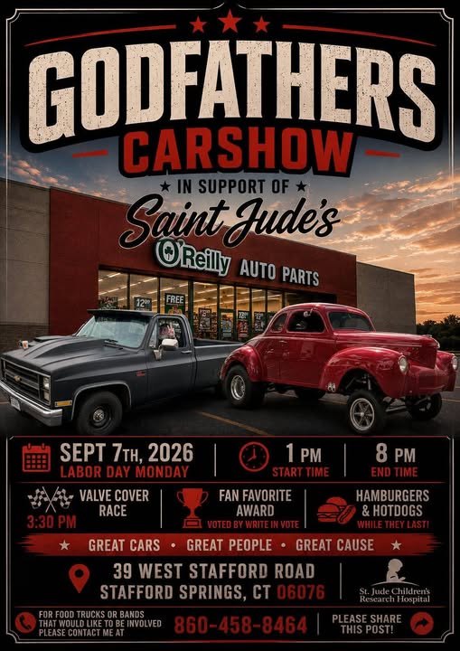 Godfathers Car Show event at O'Reilly Auto Parts in Stafford Springs, CT on September 7, 2026