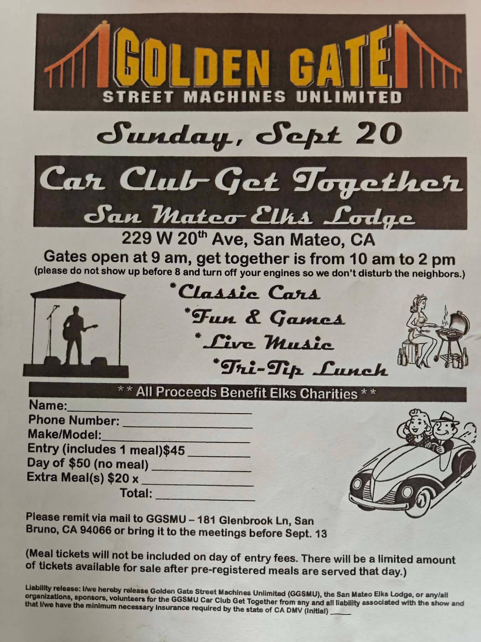 Golden Gate Street Machines Unlimited Car Club Get Together event at San Mateo Elks Lodge in San Mateo, CA on September 20, 2026