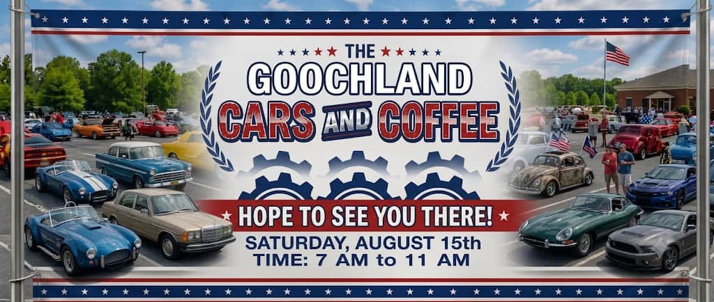 Goochland Cars and Coffee event at Goochland Skate Park in Goochland, VA on August 15, 2026