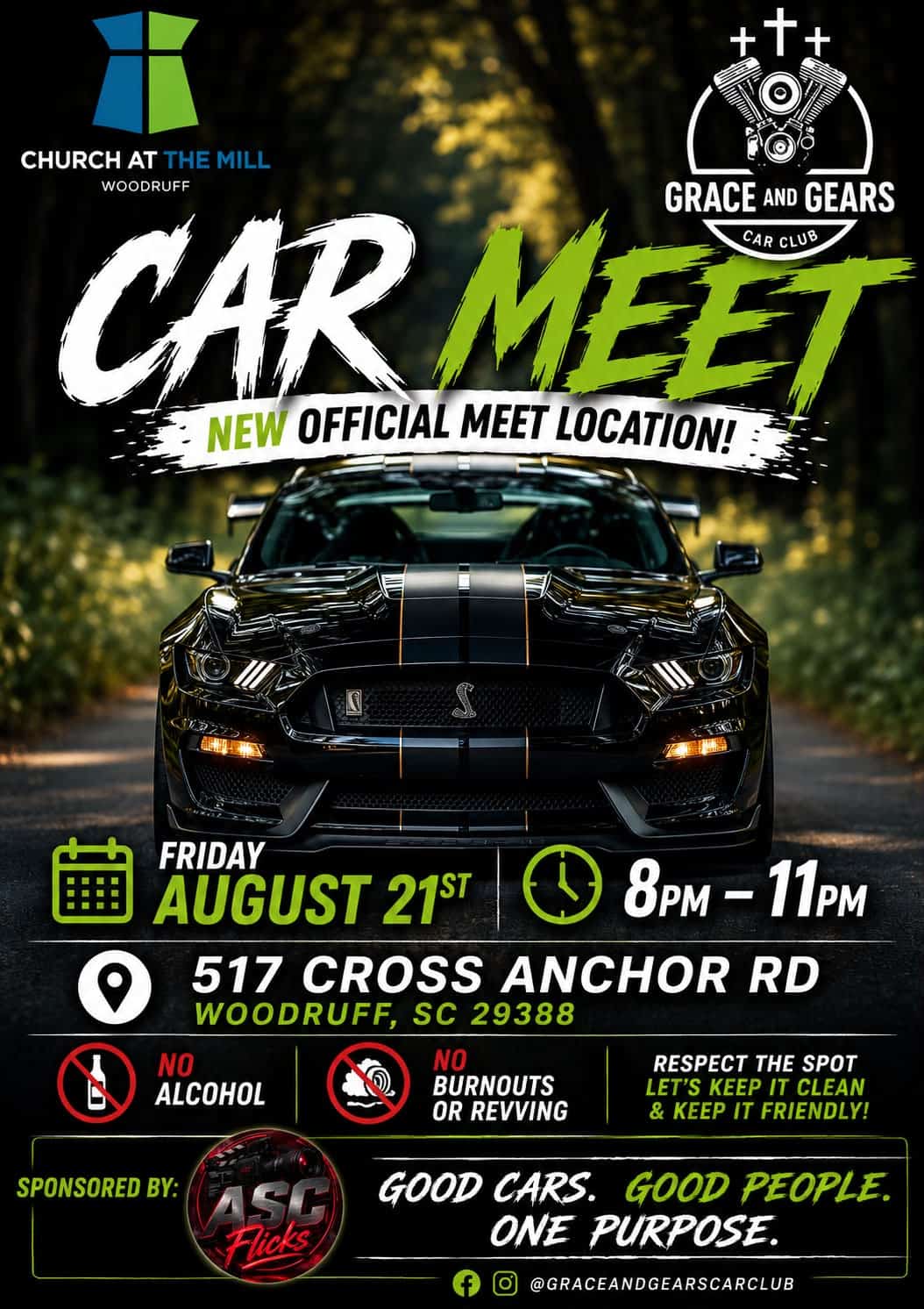 Grace and Gears Car Club Car Meet at Church at the Mill Woodruff event at Church at the Mill Woodruff in Woodruff, SC on August 21, 2026
