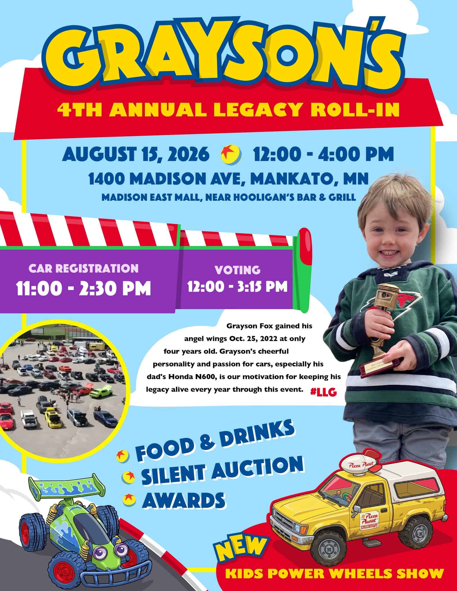 Grayson's 4th Annual Legacy Roll-In event at Madison East Mall in Mankato, MN on August 15, 2026