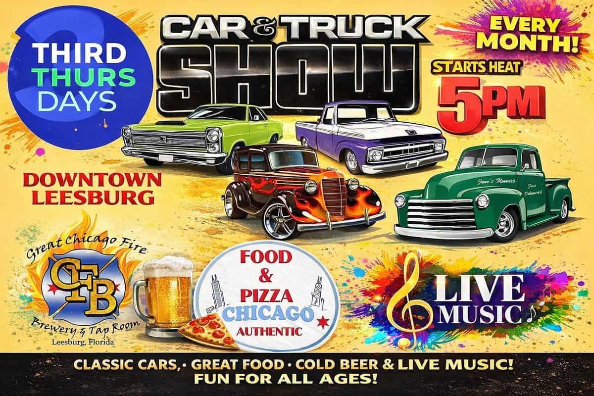 Great Chicago Fire Brewery Third Thursdays Car & Truck Show event at Downtown Leesburg in Leesburg, FL on September 18, 2026