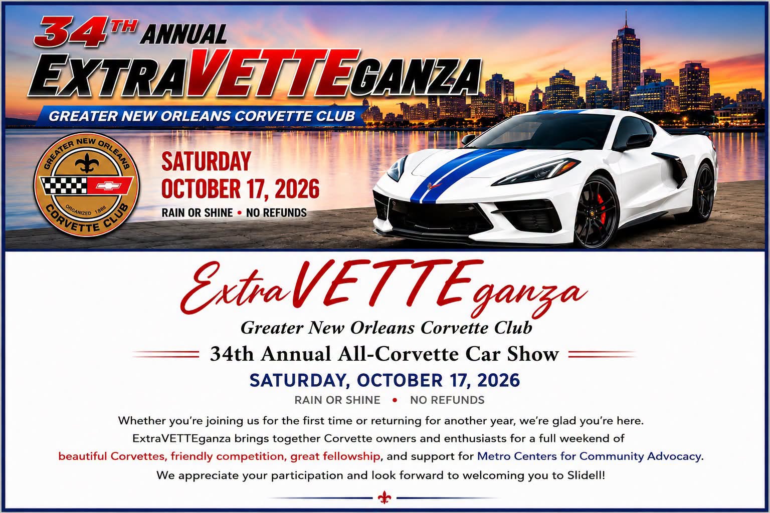 Greater New Orleans Corvette Club ExtraVETTEganza event at The Harbor Center in Slidell, LA on October 17, 2026