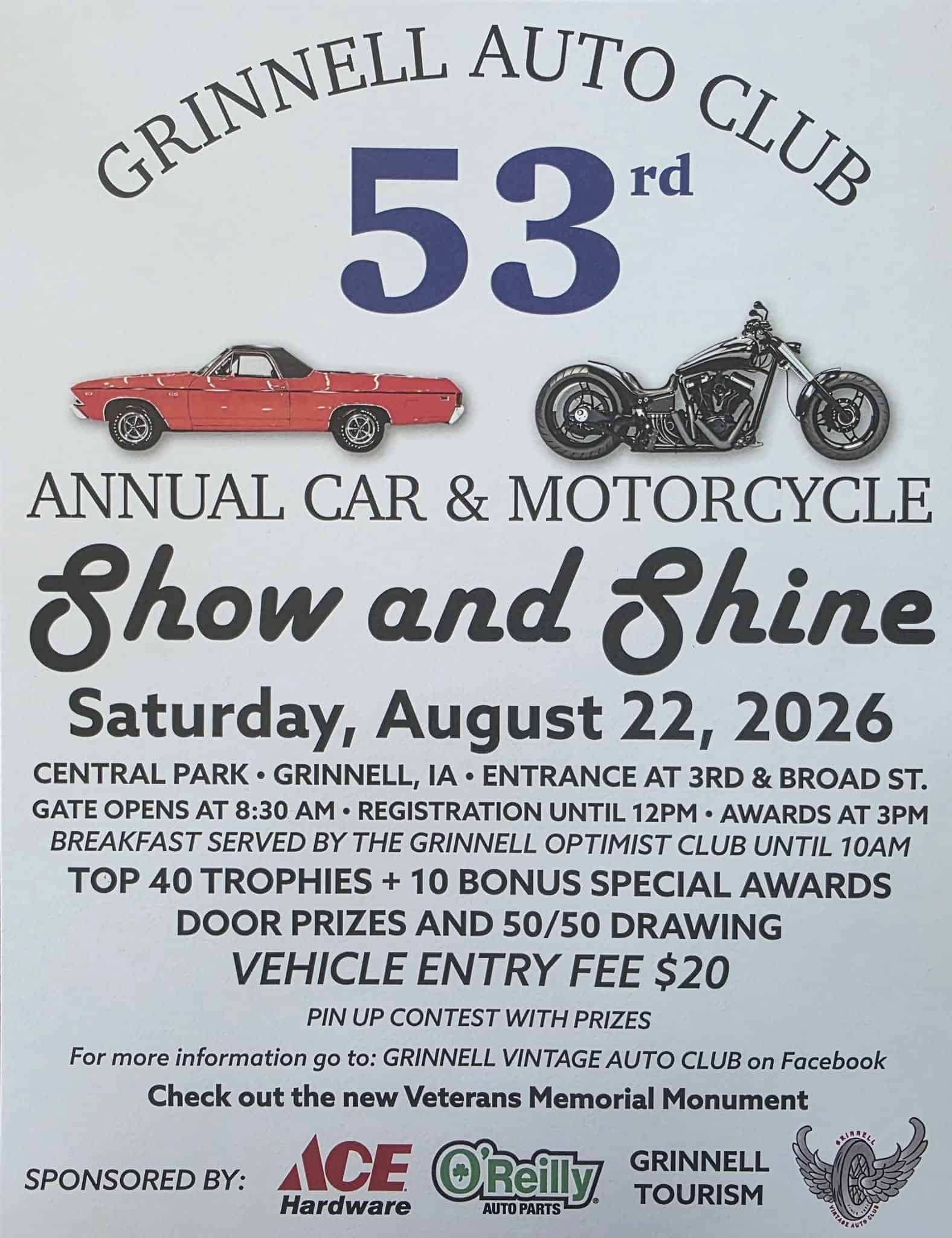 Grinnell Auto & Motorcycle Show event at Central Park in Grinnell, IA on August 22, 2026