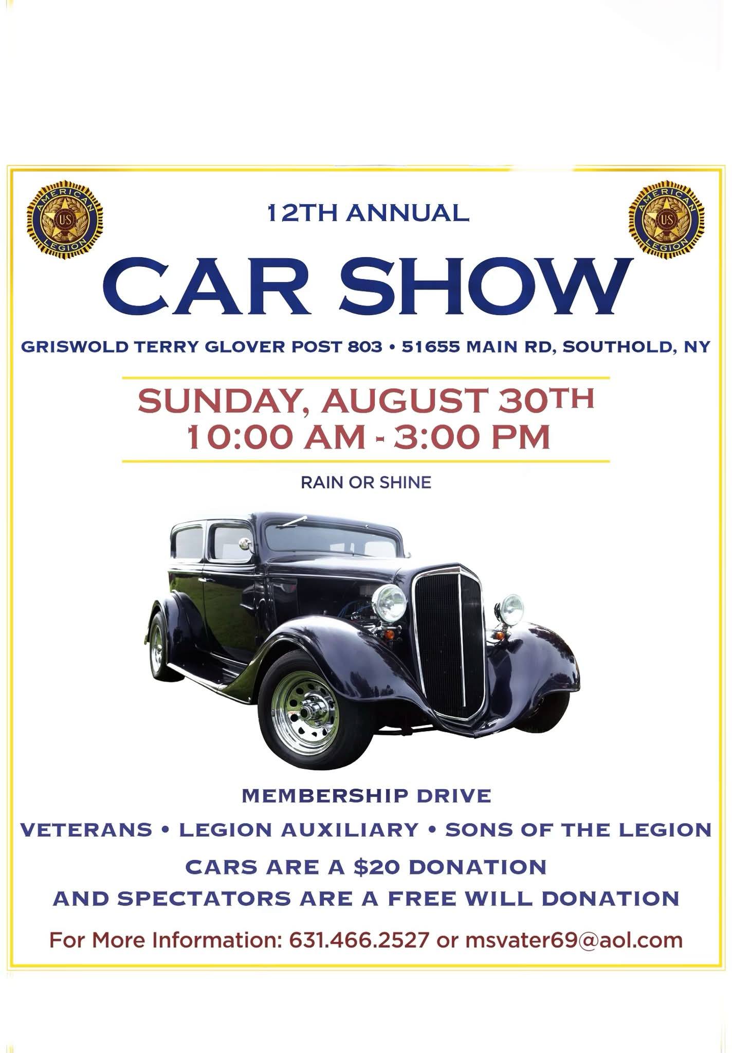 Griswold Terry Glover Post 803 12th Annual Car Show event at Griswold Terry Glover Post 803 in Southold, NY on August 30, 2026