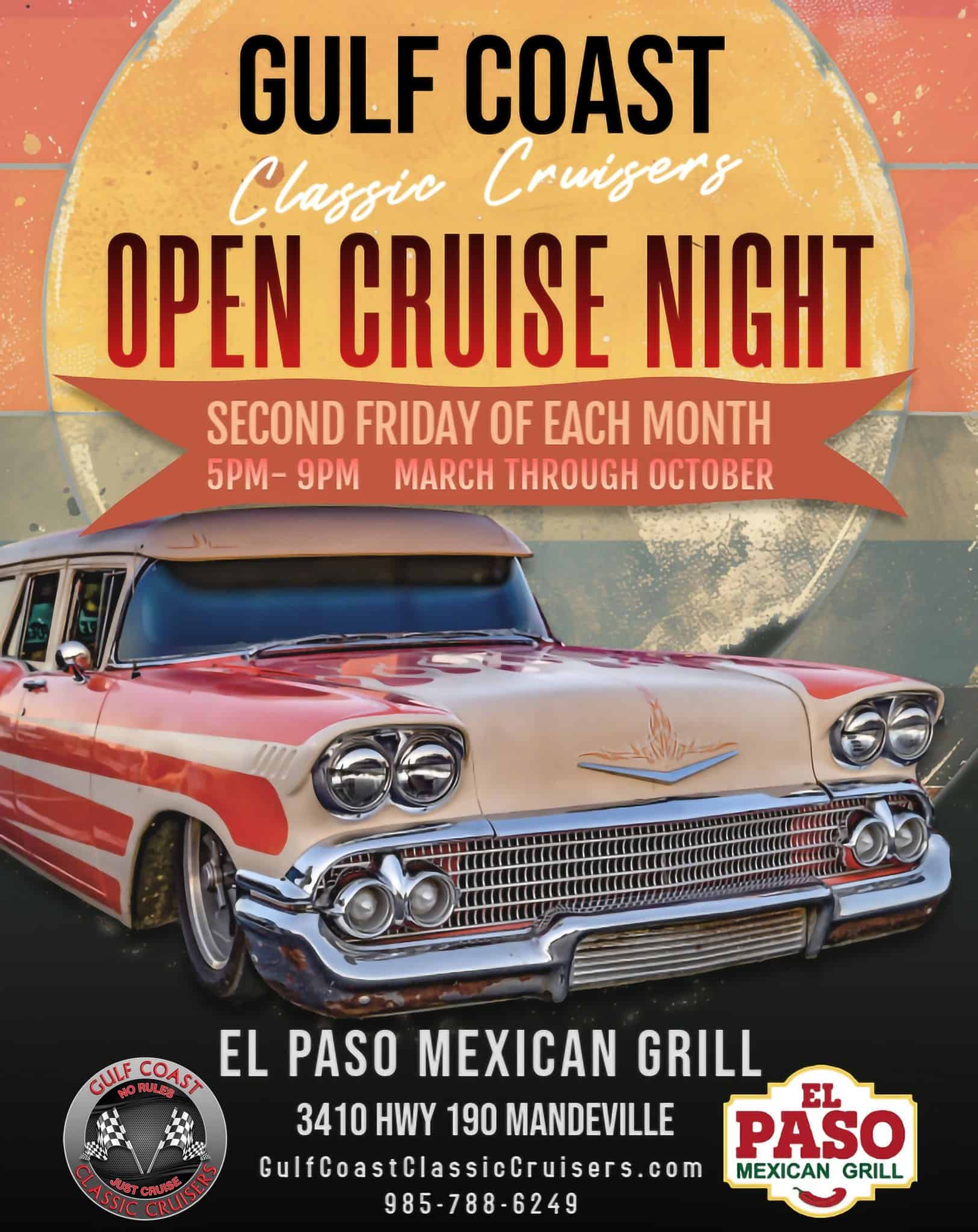 Gulf Coast Classic Cruisers Open Cruise Night event at El Paso Mexican Grill in Mandeville, LA on September 11, 2026