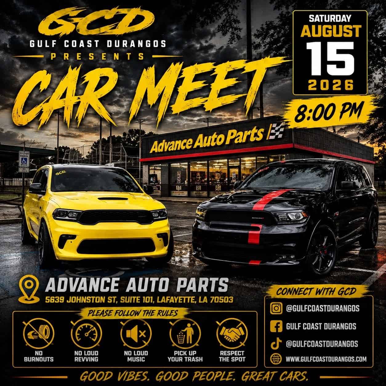 Gulf Coast Durangos Car Meet at Advance Auto Parts event at Advance Auto Parts in Lafayette, LA on August 15, 2026