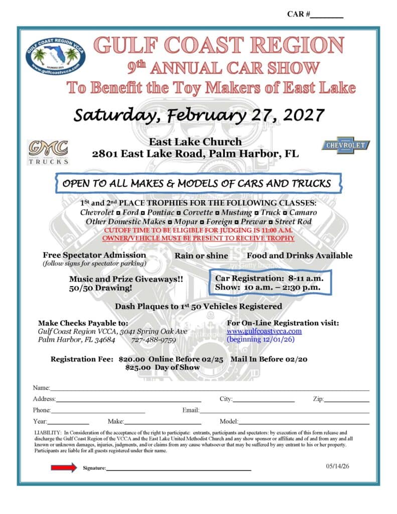 Gulf Coast Region 9th Annual Car Show event at East Lake Church in Palm Harbor, FL on February 27, 2027