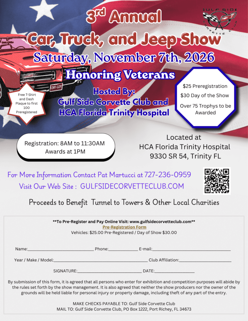 Gulf Side Corvette Club 3rd Annual Car, Truck, and Jeep Show event at HCA Florida Trinity Hospital in Trinity, FL on November 7, 2026