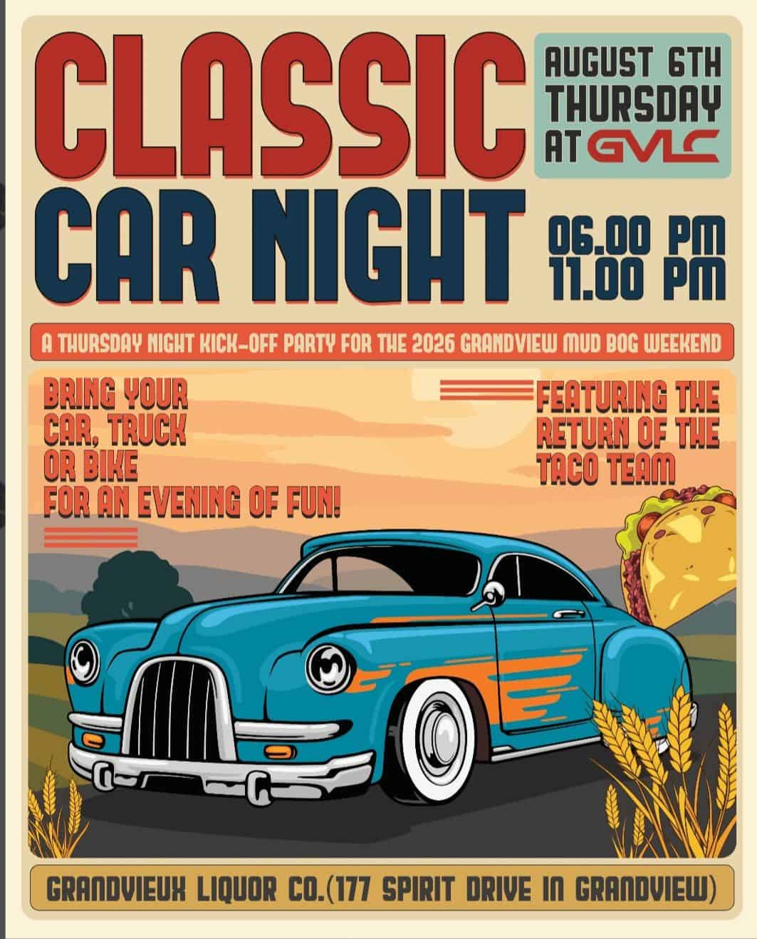 GVLC Classic Car Night event at Grand Vieux Liquor Company in Grandview, MB on August 6, 2026