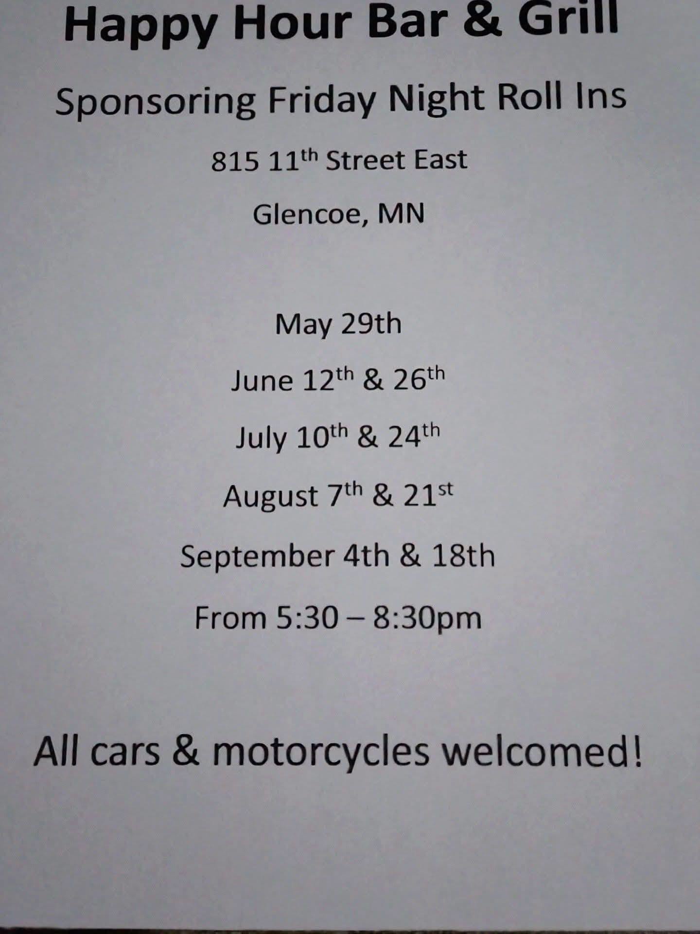 Happy Hour Bar & Grill Friday Night Roll Ins event at Happy Hour Bar & Grill in Glencoe, MN on August 7, 2026