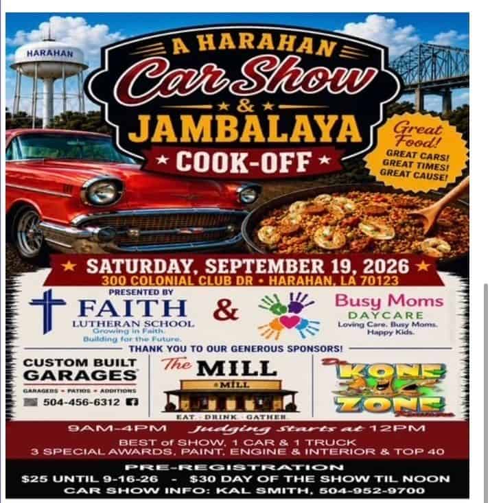 Harahan Car Show & Jambalaya Cook-Off event at 300 Colonial Club Dr in Harahan, LA on September 19, 2026