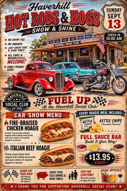 Haverhill Hot Rods & Hogs Show & Shine event at Haverhill Social Club in Haverhill, IA on September 13, 2026