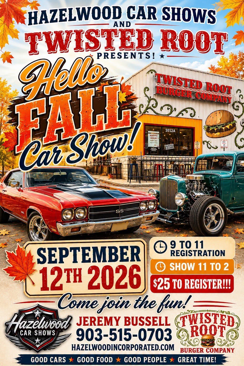 Hello Fall Car Show at Twisted Root event at Twisted Root Burger Co. in Athens, TX on September 12, 2026