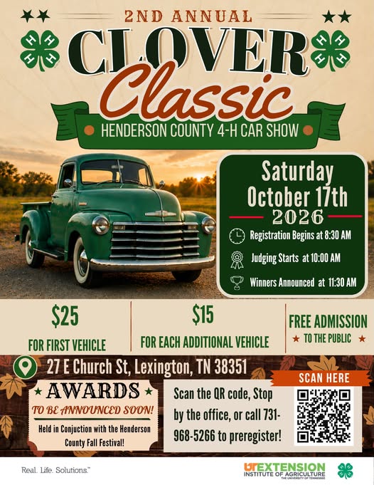 Henderson County 4-H Clover Classic Car Show event at 27 E Church St in Lexington, TN on October 17, 2026