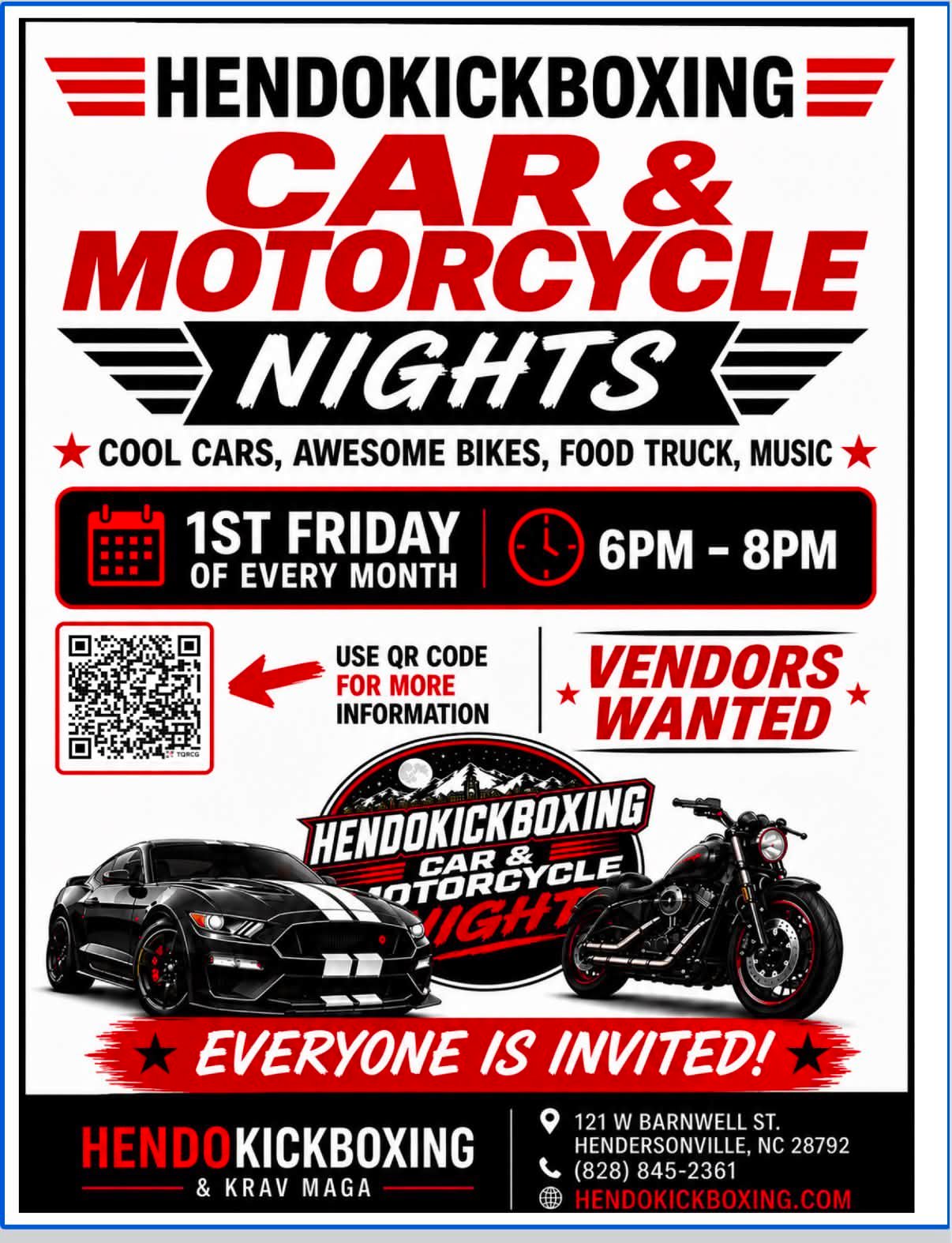 Hendo Kickboxing Car & Motorcycle Nights event at Hendo Kickboxing & Krav Maga in Hendersonville, NC on September 4, 2026