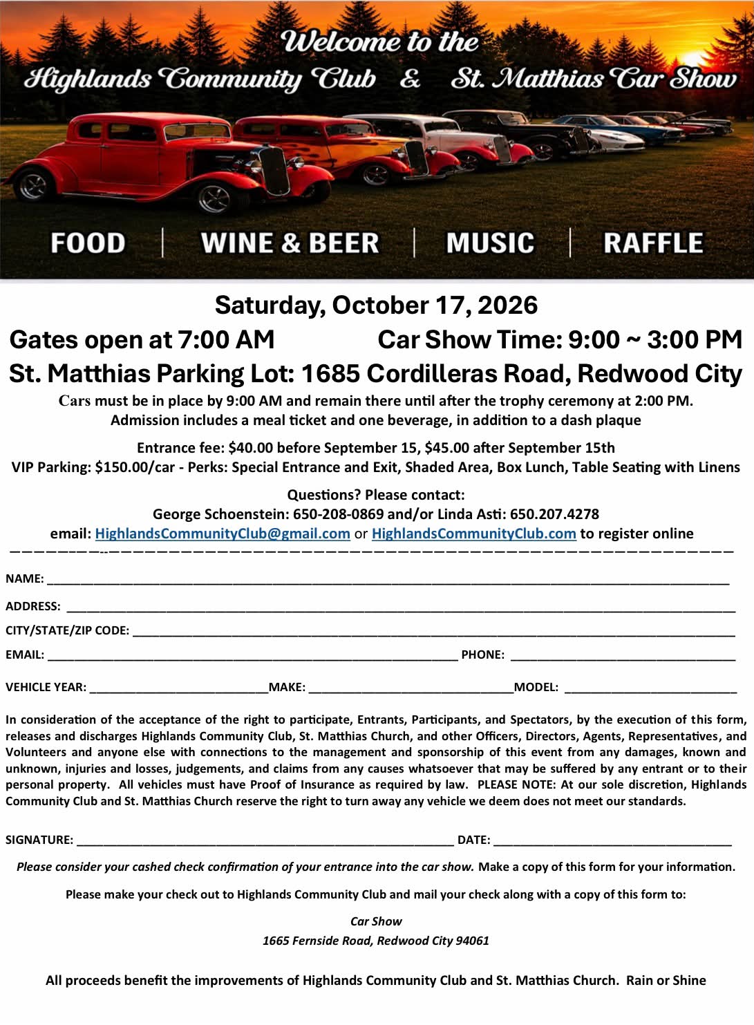 Highlands Community Club & St. Matthias Car Show event at St. Matthias Parking Lot in Redwood City, CA on October 17, 2026
