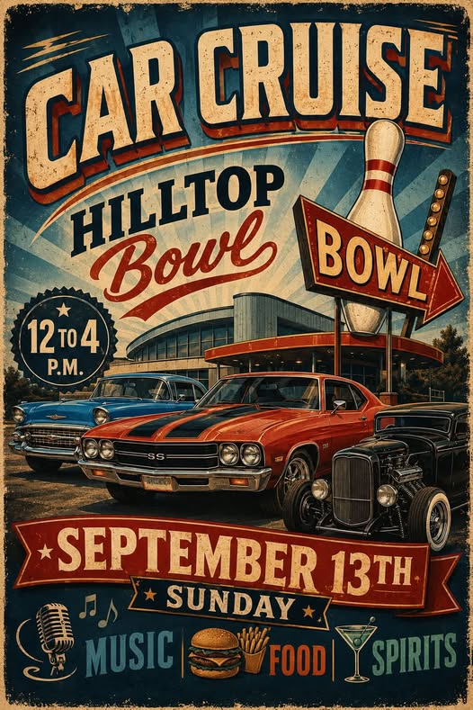 Hilltop Bowl Car Cruise event at Hilltop Bowl in Troy, NY on September 13, 2026