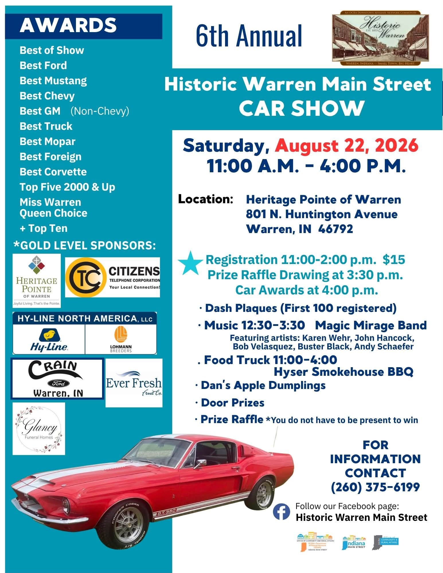 Historic Warren Main Street 6th Annual Car Show event at Heritage Pointe of Warren in Warren, IN on August 22, 2026