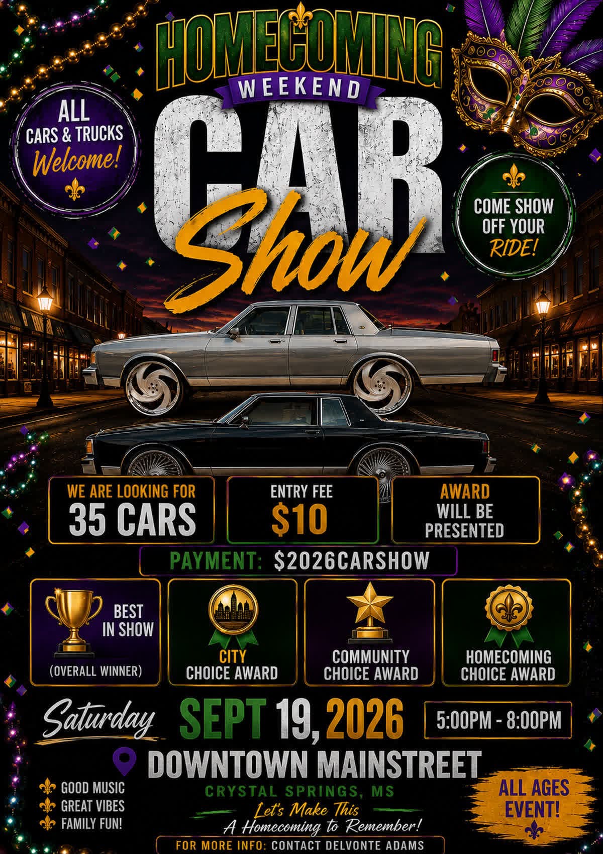 Homecoming Weekend Car Show event at Downtown Mainstreet in Crystal Springs, MS on September 19, 2026