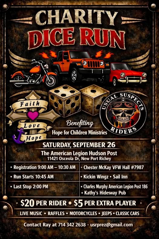 Hope for Children Ministries Charity Dice Run event at The American Legion Hudson Post in New Port Richey, FL on September 26, 2026