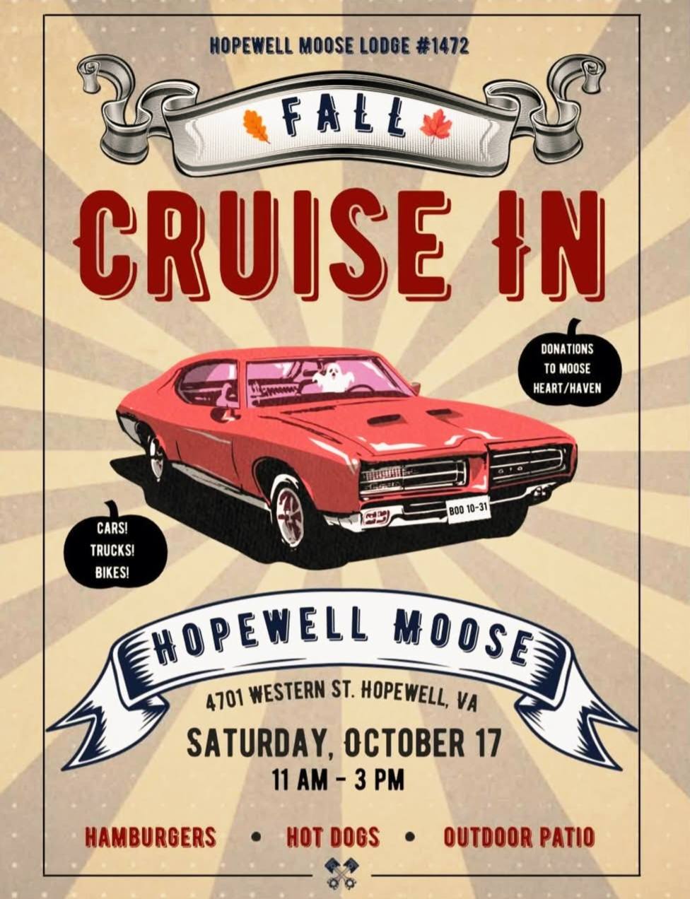 Hopewell Moose Lodge Fall Cruise in event at Hopewell Moose Lodge #1472 in Hopewell, VA on October 17, 2026