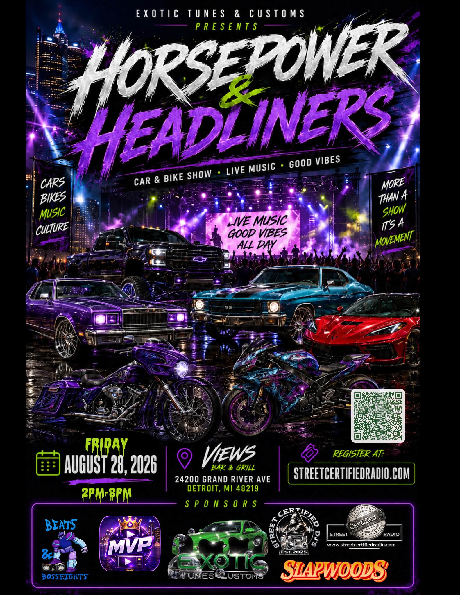 Horsepower & Headliners event at Views Bar & Grill in Detroit, MI on August 28, 2026