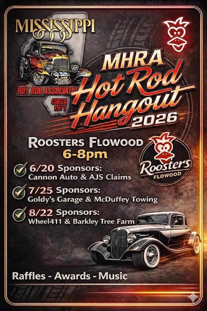 Hot Rod Hangout event at Rooster's in Flowood, MS on August 22, 2026