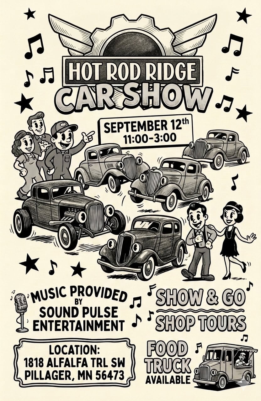 Hot Rod Ridge Car Show event at 1818 Alfalfa Trl SW in Pillager, MN on September 12, 2026