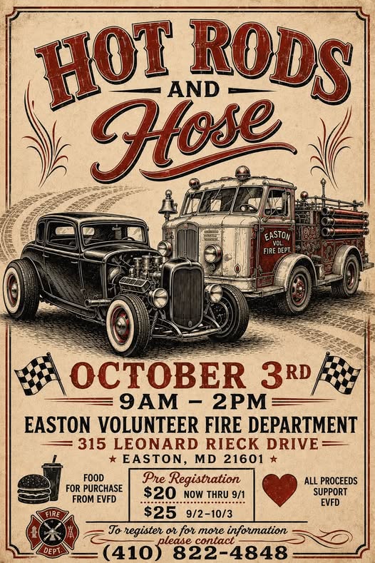 Hot Rods and Hose event at Easton Volunteer Fire Department in Easton, MD on October 3, 2026