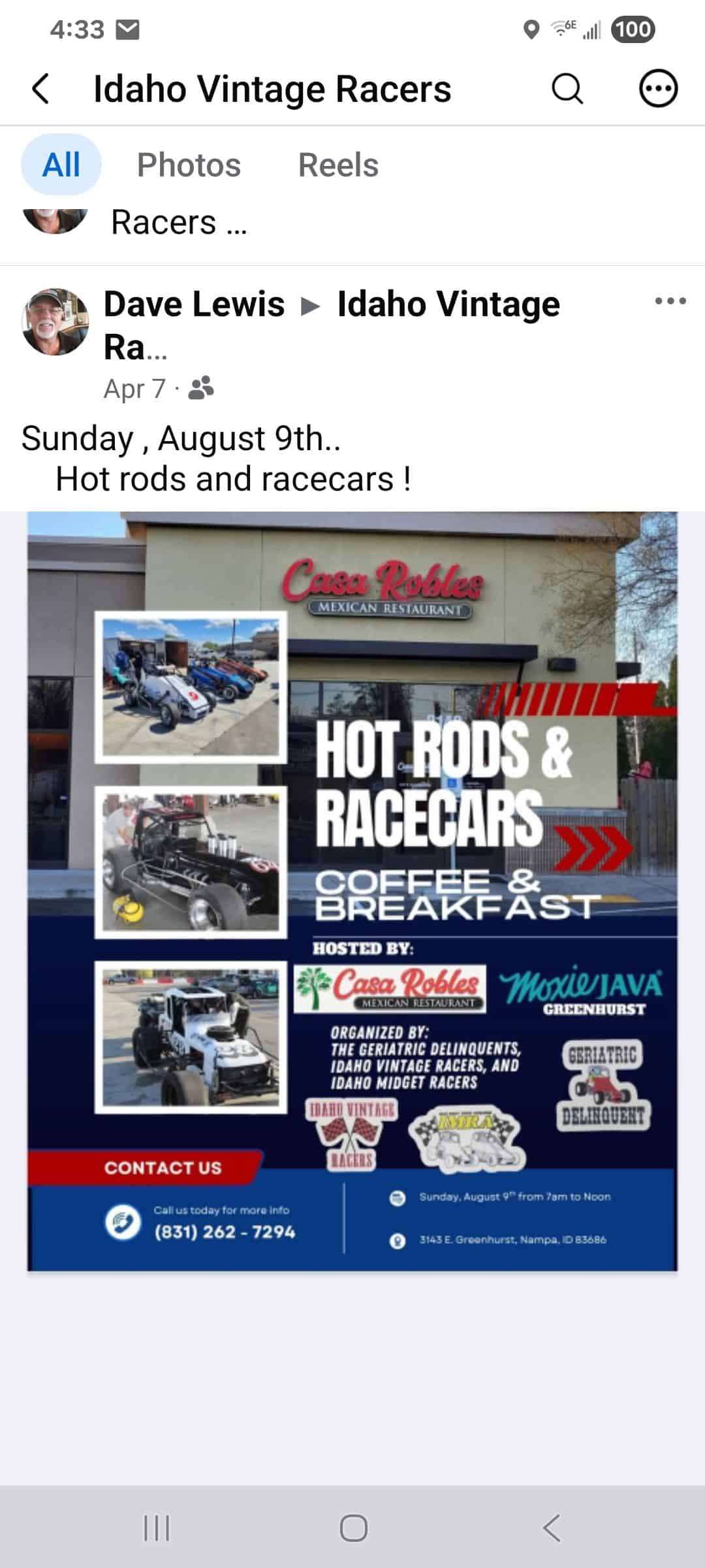 Hot Rods and Racecars Coffee and Breakfast event at 3143 E. Greenhurst in Nampa, ID on August 9, 2026