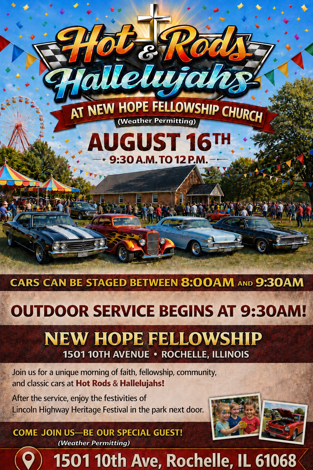 Hot Rods & Hallelujahs event at New Hope Fellowship Church in Rochelle, IL on August 16, 2026