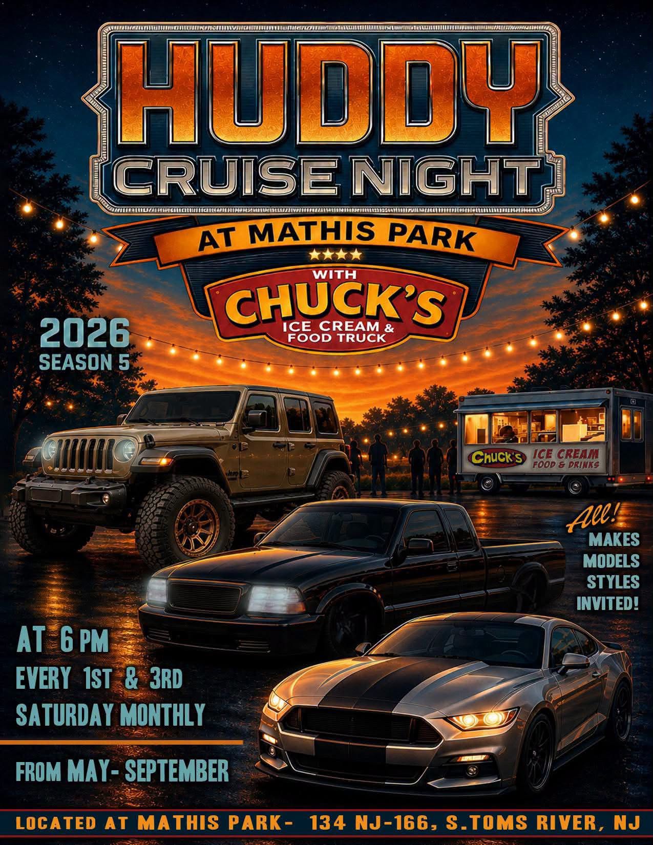 Huddy Cruise Night event at Mathis Park in South Toms River, NJ on September 5, 2026