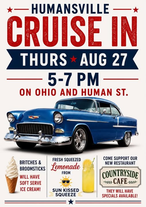 Humanville Cruise in event at Ohio and Human St in Humansville, MO on August 27, 2026