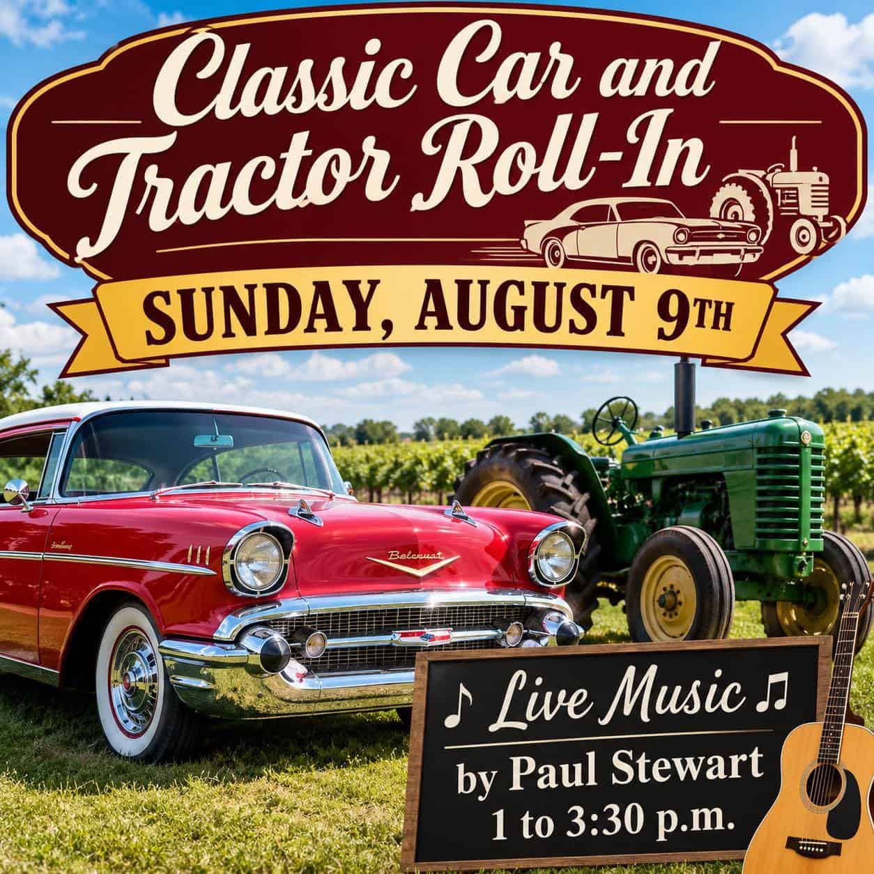 Indian Island Winery Classic Car and Tractor Roll-In event at Indian Island Winery in Janesville, MN on August 9, 2026