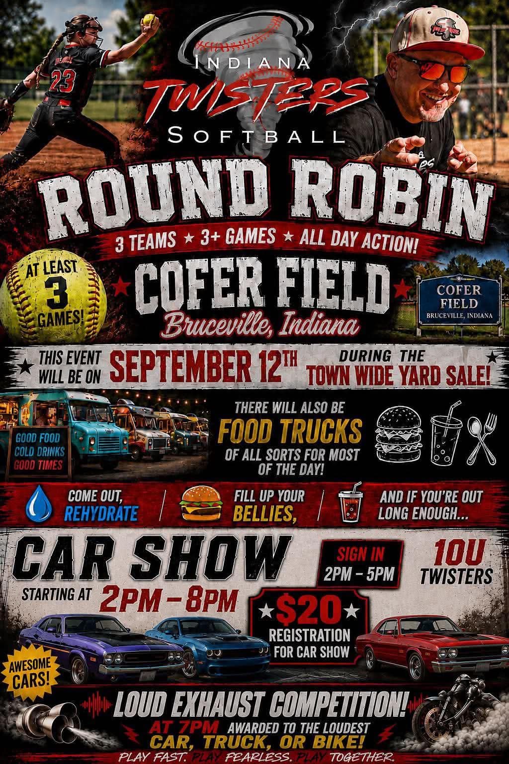 Indiana Twisters Softball Car Show event at Cofer Field in Bruceville, IN on September 12, 2026