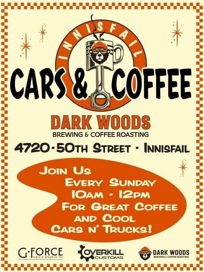 Innisfail Cars & Coffee event at Dark Woods Brewing & Coffee Roasting in Innisfail, AB on August 9, 2026