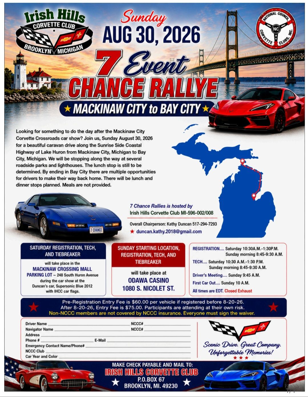 Irish Hills Corvette Club 7 Event Chance Rallye event at Odawa Casino in Mackinaw City, MI on August 30, 2026