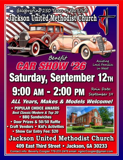 Jackson United Methodist Church Car Show '26 event at Jackson United Methodist Church in Jackson, GA on September 12, 2026