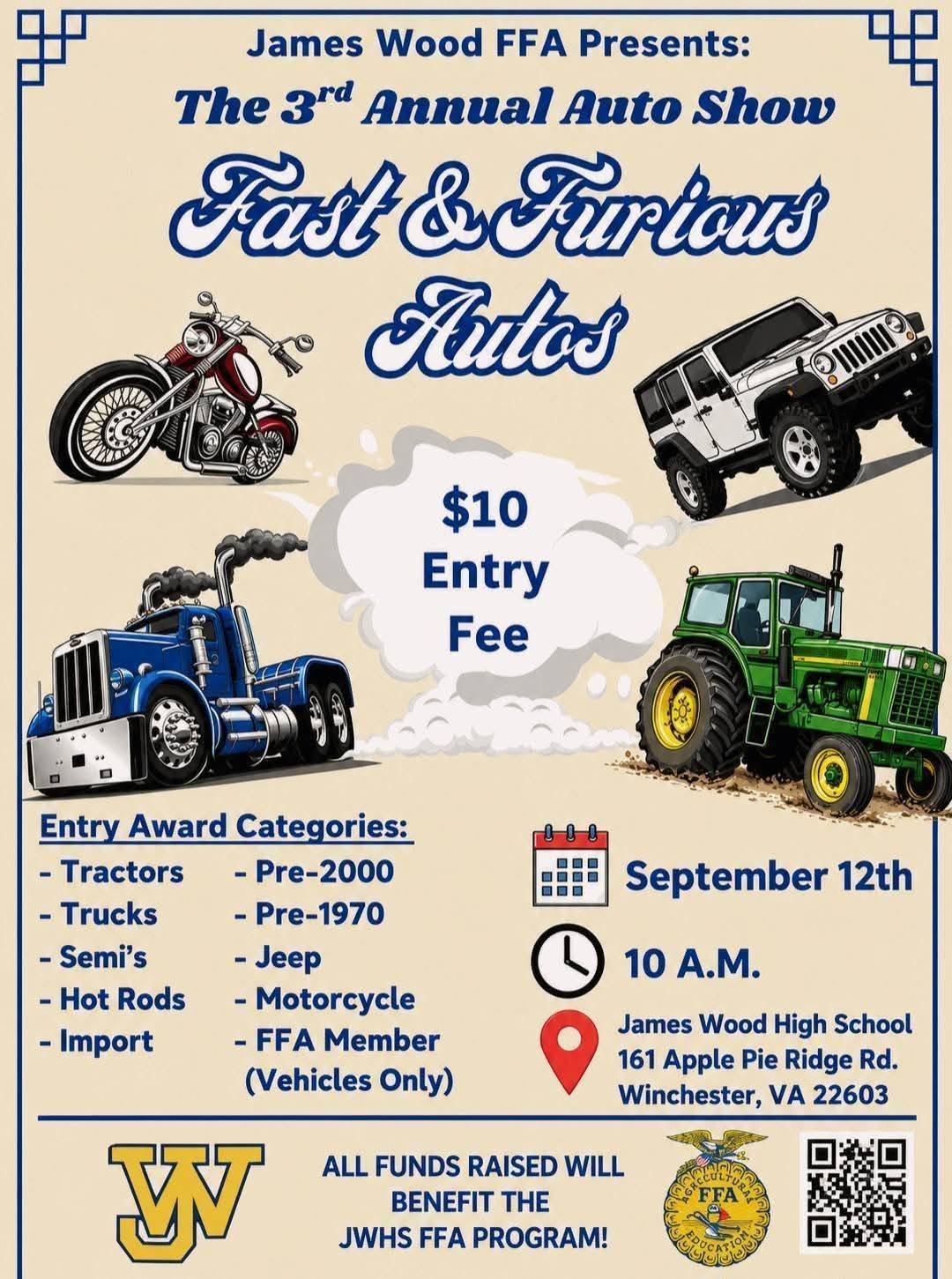 James Wood FFA Fast & Furious Autos event at James Wood High School in Winchester, VA on September 12, 2026