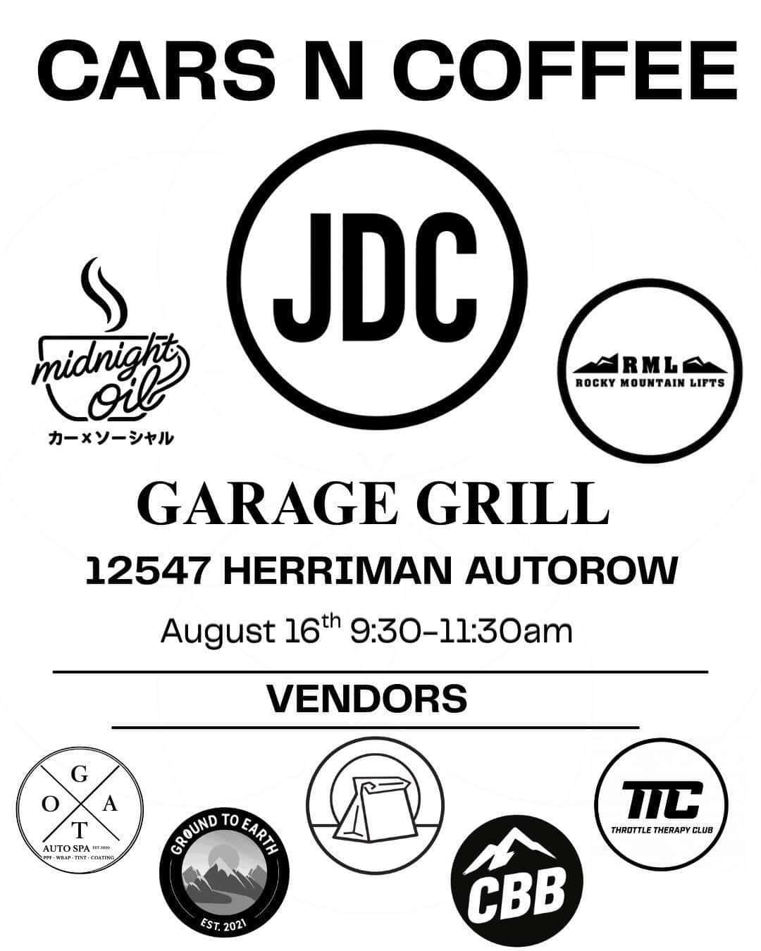 JDC Cars N Coffee event at Garage Grill in Herriman, UT on August 16, 2026